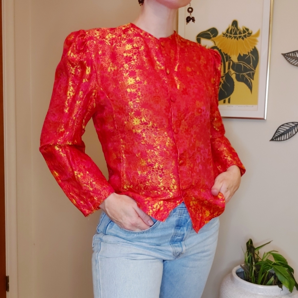 Handmade silky brocade floral blouse
